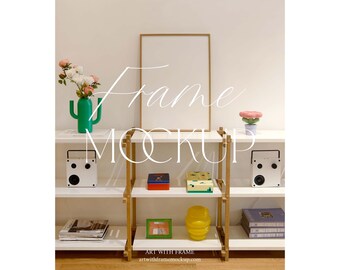 Poster Frame Mockup on Shelf – Minimalist Interior Scene for Printable Wall Art, Vertical Frame Template, Real Photo Mockup, DIN A Ratio PSD