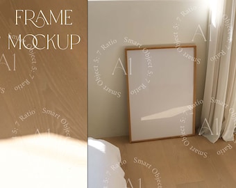 Frame Mockup PSD Minimalistic Vertical Wood Frame Scandinavian Natural Light Reflection A1 DIN Simple Minimal Frame Mockup Smart Object