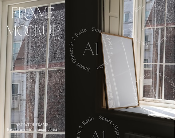 Dark Frame Mockup Thin Wood Wall art Print Poster Modern Mockup Natural Light Photoshop Templete Window Dark Shadow Glass Reflection Minimal
