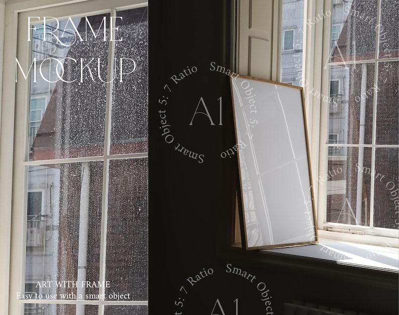 May include: A white frame mockup with a wooden frame, sitting on a windowsill. The frame is a smart object, meaning you can easily add your own artwork or design.