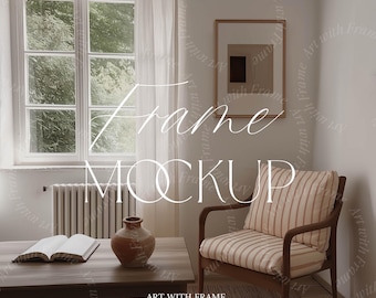Vintage Frame Mockup, Scandinavian Cottage Interior, DIN A Ratio, Thin Wood Frame, Poster Print, Wall art, Photoshop, Photopea Template