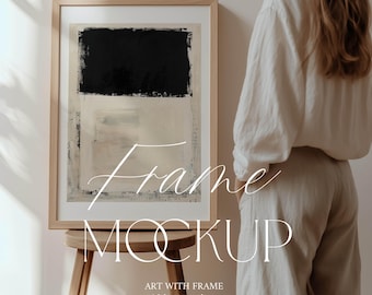 Frame Mockup with Person, DIN A Ratio, PSD, Photoshop, Photopea, Thin Wood Frame, Natural Light, Scandinavian Artwork Template, Nordic Style