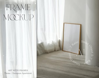 May include: A wooden frame mockup with a white background, placed against a white wall and sheer white curtains. The frame is leaning against the wall. The text "FRAME MOCKUP" is at the top of the image. The text "ART WITH FRAMES" and "Theme / European Apartment" is at the bottom of the image.