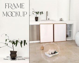 2 Frame Mockup Styled Interior Mid century Modern Vertical Wood Frame Mockup Duo 5X7 A1 Kitchen Print Poster Realistic Mockup Photoshop