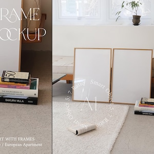 2 Frame Mockup Styled Interior Realistic Mockup A1 DIN Scandinavian Modern Two Vertical Wood Frame Mockup Print Poster PSD Photoshop Nordic