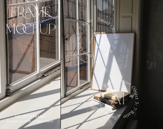Shadow Frame Mockup 5x7 Thin Wood Wall art Print Poster Bright Modern Japandi Interior Mockup Natural Light Photoshop Templete Window Dark
