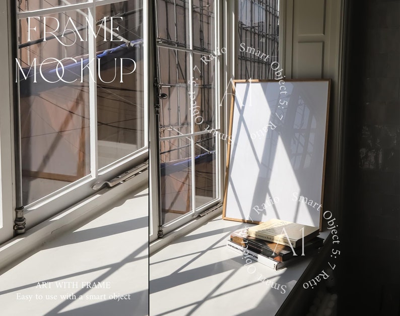 May include: A white frame mockup with a white background, sitting on a windowsill with a stack of books below. The frame is a smart object, making it easy to add your own design.