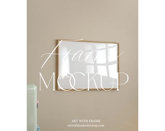 Real Horizontal Frame Mockup – Poster on Beige Wall, Minimalist Wooden Frame Template for Printable Wall Art, Display Scene, Natural Light