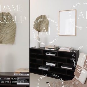 Modern Interior Frame Mockup A1 ISO Vertical Thin Wood Print Poster Wall art Photoshop Template Smart Object Art Display Glass Reflection