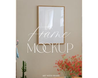 Real Photography Wall Art Display, Natural Light Oak Frame Mockup, Boho Home Interior, Beige Wall, Flower Decor, Neutral Art Presentation