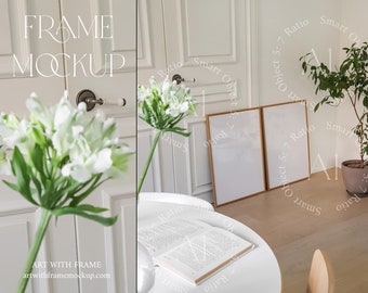 Set of 2 Frames Mockup DIN A1 Japandi Room Interior Artwork Photoshop Templete Two Vertical Thin Wood Scandinavian Print Poster Wall art PSD