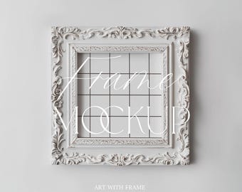 Maqueta de marco blanco antiguo, maqueta cuadrada vintage, 1x1, estilo barroco, impresión de póster, arte mural, Photoshop, Photopea, plantilla PSD, clásico
