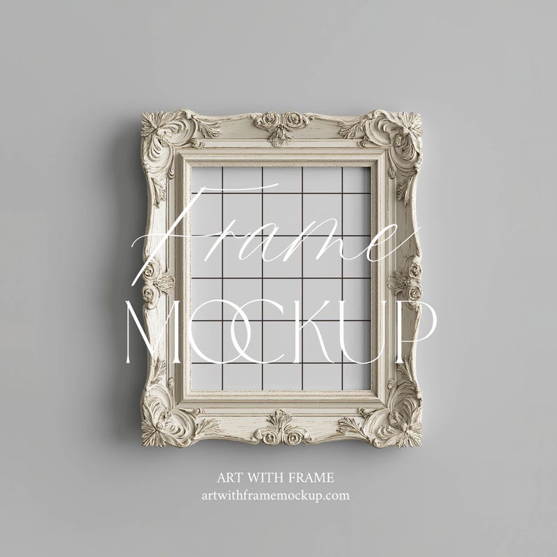 May include: A white ornate picture frame with a grid pattern inside. The frame is on a light gray background.  Art With Frame artwithframemockup.com