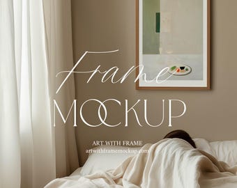 Bedroom Frame Mockup with Person, Simple, ISO A DIN Ratio, Natural Light, Scandinavian Interior, Vertical Wood Frame, Template, Display