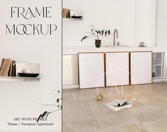 Set of 3 Frame Mockup A1 Styled Kitchen Interior Scandinavian Vertical Wood Print Poster Minimalist Realistic Mockup Easy Wall art Templete