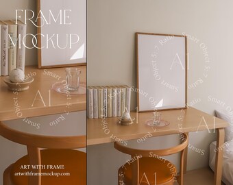 Vertical Frame Mockup psd Aesthetic Natural Interior 5x7 Thin Wood Wooden Frame Print Poster Scandinavian Single Mockup Photoshop Template
