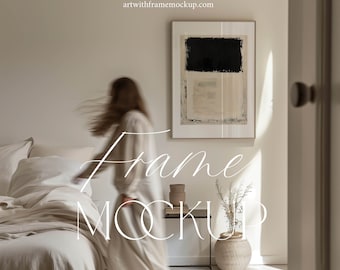 Frame Mockup with Person, Bedroom, Art Display, ISO A DIN Ratio, PSD Photoshop Photopea, Home Interior, Thin Wood Frame, Artwork Template