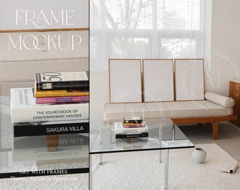 Frame Mockup Set of 3 Living Room Mockup Interior Scandinavian Scandi Modern Vertical Wood Frame Apartment Print Poster Templete Sofa PSD