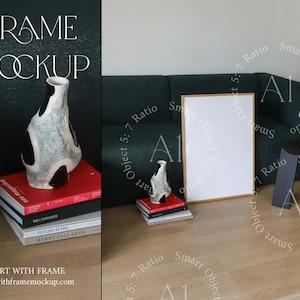 Interior Frame Mockup Vertical Wood Frame Print Poster Living Room Minimalistic Photoshop Template Modern Minimalist DIN A1 Smart Object