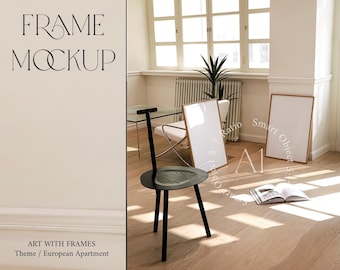 2 Frame Mockup Styled Interior Mockup Duo Scandinavian Modern Neutral Two Vertical Wood Frame Mockup Apartment Print Poster Wall art Mockup