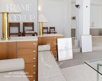 2 Frame Mockup Living Room Glass Reflection Wooden Mockup Scandinavian Nordic Interior Modern Vertical Wood Wall art Smart Object Template