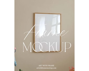 Real Frame Mockup – Vertical Poster on Beige Wall, Minimalist Wooden Frame Template for Printable Wall Art, Display Scene, Natural Light