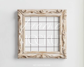 Antique Square Frame Mockup – Vintage White Wood Ornate Frame for Poster, Printable Art, Wall Art Display, Boho Decor, Baroque Style, PSD