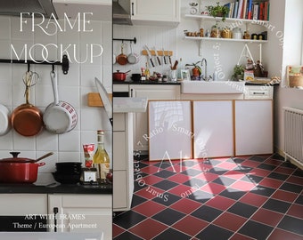 Set of 3 Frame Mockup A1 Kitchen Interior Design Mockup Scandinavian Vertical Wood Print Poster Easy Wall art Template Smart Object Natural