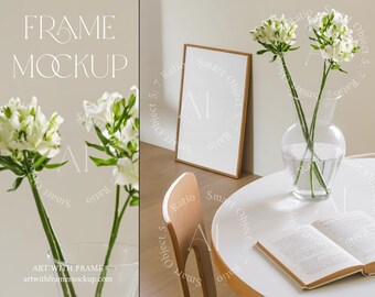 Natural Frame Mockup psd Minimalistic Vertical Wood Digital Frame Scandinavian Apartment Print Poster Easy Frame Mockup DIN A1 Flower Decor