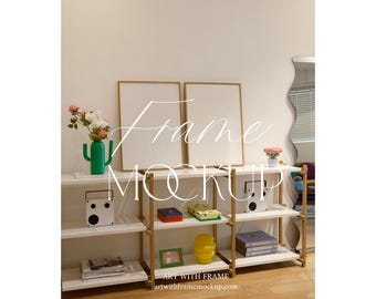 Real Set of 2 Mockup Frame– Playful Modern Shelf Scene, Vertical Wooden Frame Display for Printable Wall Art Presentation, Poster Print