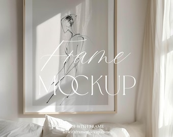 Large Frame Mockup in Bedroom, Minimalist Interior, 3x4 Ratio, Natural Light, Simple Interior, Vertical Wood Frame, Template, Poster Display