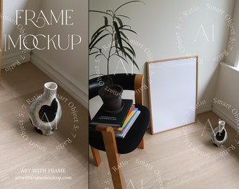Natural Frame Mockup, 5x7 ratio, Scandinavian Interior, DIN A1, Simple Vertical Wood Wooden Frame, Print Poster, Wall art, Template, Artwork