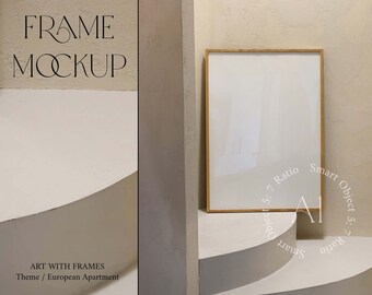 May include: A wooden frame with a white mat and a white background. The frame is sitting on a white surface with a curved edge. The text "FRAME MOCKUP" is in the top left corner of the image. The text "ART WITH FRAMES" is in the bottom left corner of the image. The text "Theme / European Apartment" is below the text "ART WITH FRAMES".