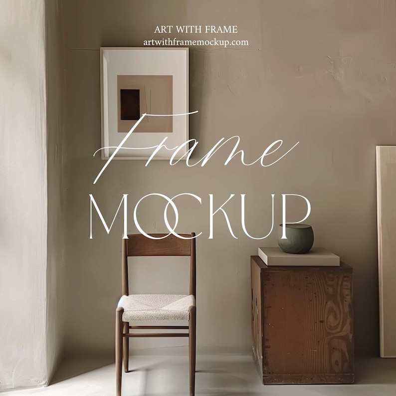 May include: A framed abstract art print with a brown, white, and beige color scheme hangs on a beige wall. A wooden chair with a woven seat sits in front of the art. A small wooden table with a green ceramic bowl sits on top of it.