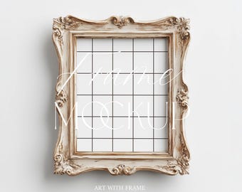 Antique Wooden Frame Mockup, Vintage Vertical Mockup, 4:5 Ratio, Hanging on Wall, Baroque Style, Poster Print, Photopea, Template, Classic
