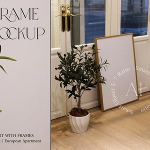 Interior Frame Mockup Living Room A1 Moody Scandinavian Nordic Mockup Minimalistic Thin Vertical Wood Print Poster Wall art Realistic Mockup
