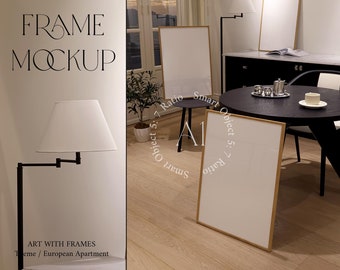 Stile 3 Frame Dark Living Room Mockup Mid Century Modern Interior Scandinavian Vertical Wood A1 Frame Wall art Print Poster Realistic Mock