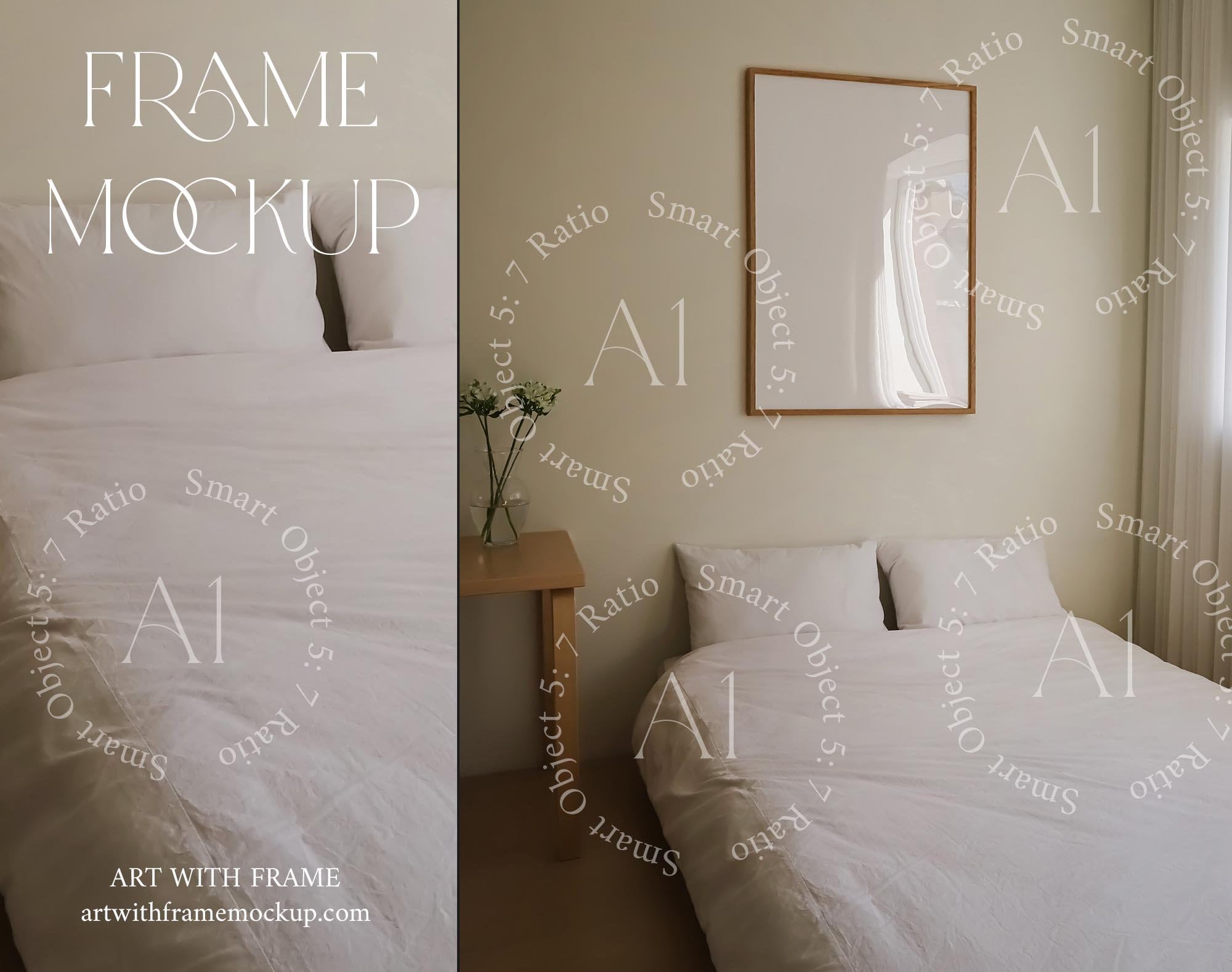 Large Frame Mockup Artwork Display Minimalistic Bedroom Interior Vertical Wood Digital Frame Print Poster Template A1 DIN Glass Reflection