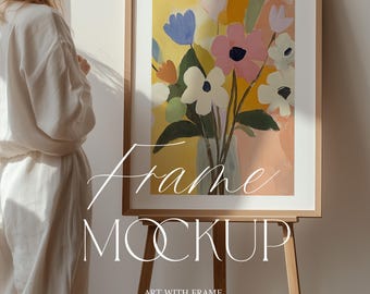 Frame Mockup with Person, Easel, 4x5 Ratio, Natural Light, Vertical Wood Frame, Print Poster, Artwork Display, Photopea, Wall art Mockup