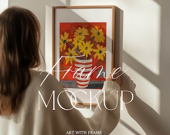Frame Mockup with Person, 2:3 Ratio, Natural Light, Shadow, Vertical Thin Wood Frame, Print Poster, Artwork Display Template, PSD, Photoshop