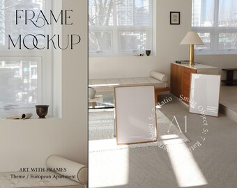 2 Frame Mockup Living Room Glass Reflection Realistic Mockup Minimalist Interior Scandinavian Vertical Wood Wall art Photoshop Smart Object