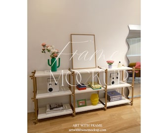 Poster Frame Mockup – Playful Modern Shelf Scene with Colorful Decor, Vertical Wooden Frame Display for Printable Wall Art Presentation