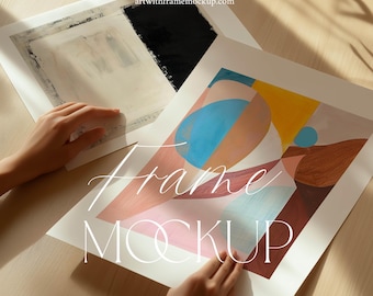 Two Posters Mockup with Hands, Vertical Flat lay Print, Close Up Detail, Natural Light, Artwork, Photoshop, Photopea, Frameless Print