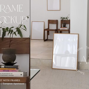 Interior Digital Frame Mockup Gallery Set A1 Glass Reflection Scandinavian Realistic Modern Thin Wood Frame Wall art Print Poster Templete