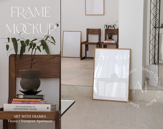 Interior Digital Frame Mockup Gallery Set A1 Glass Reflection Scandinavian Realistic Modern Thin Wood Frame Wall art Print Poster Templete