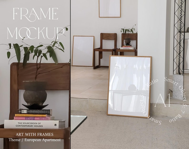 Pu&ograve; includere: Un mockup di cornice bianca in un ambiente di appartamento moderno. La cornice &egrave; su un pavimento in legno con una sedia in legno e una pianta in vaso sullo sfondo. Il testo "FRAME MOCKUP" &egrave; visibile nell'angolo in alto a sinistra dell'immagine. Il testo "THE SOURCEBOOK OF CONTEMPORARY HOUSES" e "ART WITH FRAMES" &egrave; visibile nell'angolo in basso a sinistra dell'immagine.