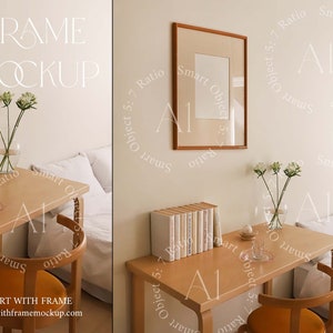 May include: A light wood desk with a framed picture, a vase of white flowers, and a stack of books. A light wood chair with an orange cushion sits next to the desk. The desk is in front of a white wall with the text "Smart Object 5:7 Ratio" repeated around the frame.