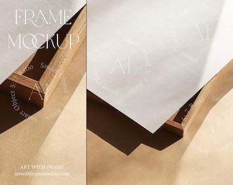 Close up Frame Mockup on Table, Flatlay, DIN A, Natural Light, Photoshop, Artwork, Template, Smart Object, Minimalist, PSD, Wood Frame