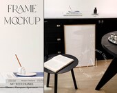 Frame Mockup Glass Reflection A1 ISO Modern Styled Interior Mockup Scandinavian Vertical Wood Frame mockup Print Poster Wall art Mockup PSD