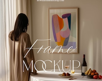 Frame Mockup with Person, Dining Room, 2x3, ISO A DIN Ratio, Photopea Mockup, Danish Home Interior, Thin Wood Frame, Photoshop PSD, Artwork